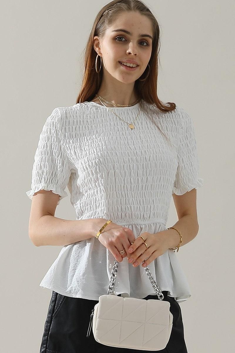SMOKED RUFFLE SHORT SLEEVE TUNIC TOP - Doublju