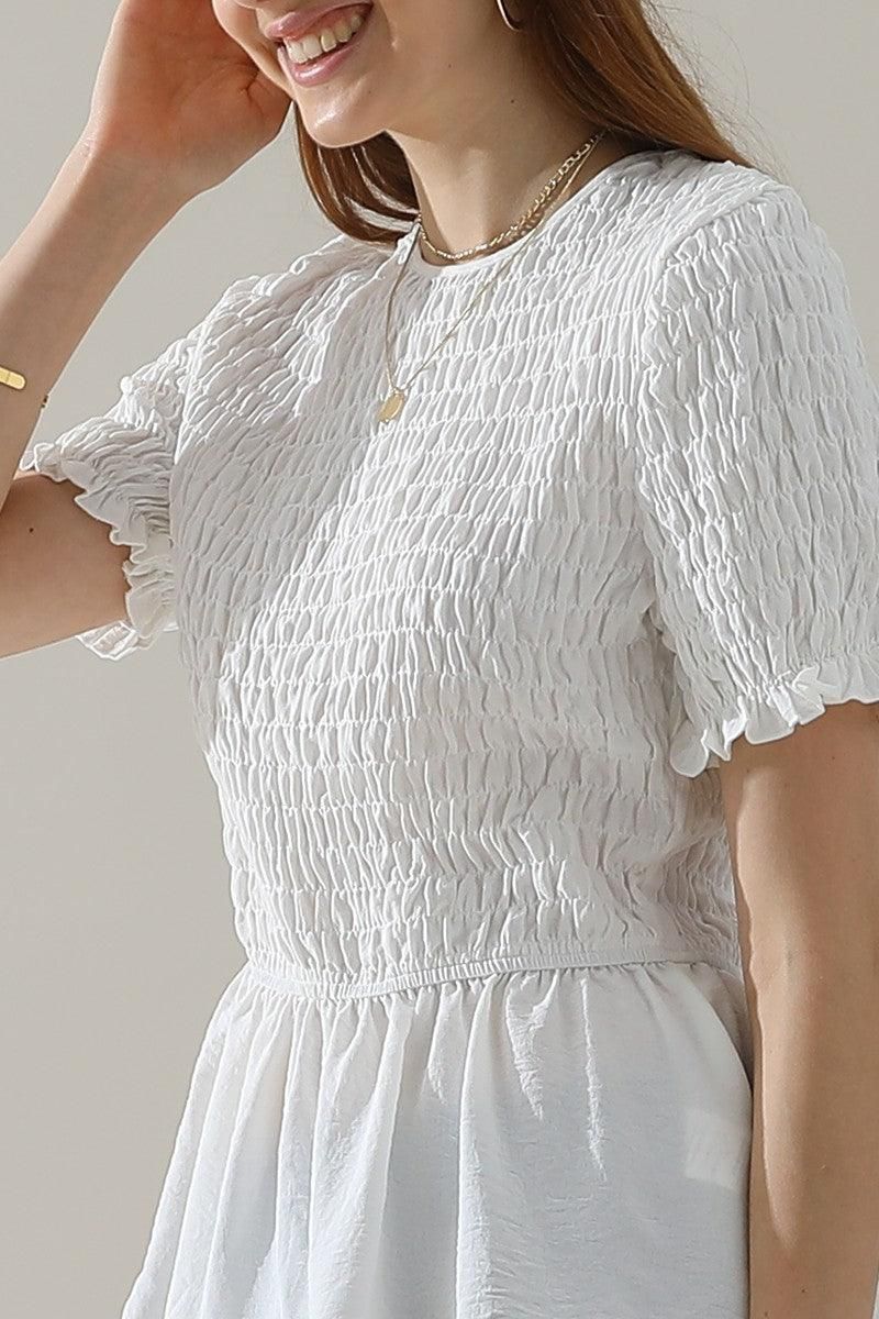 SMOKED RUFFLE SHORT SLEEVE TUNIC TOP - Doublju