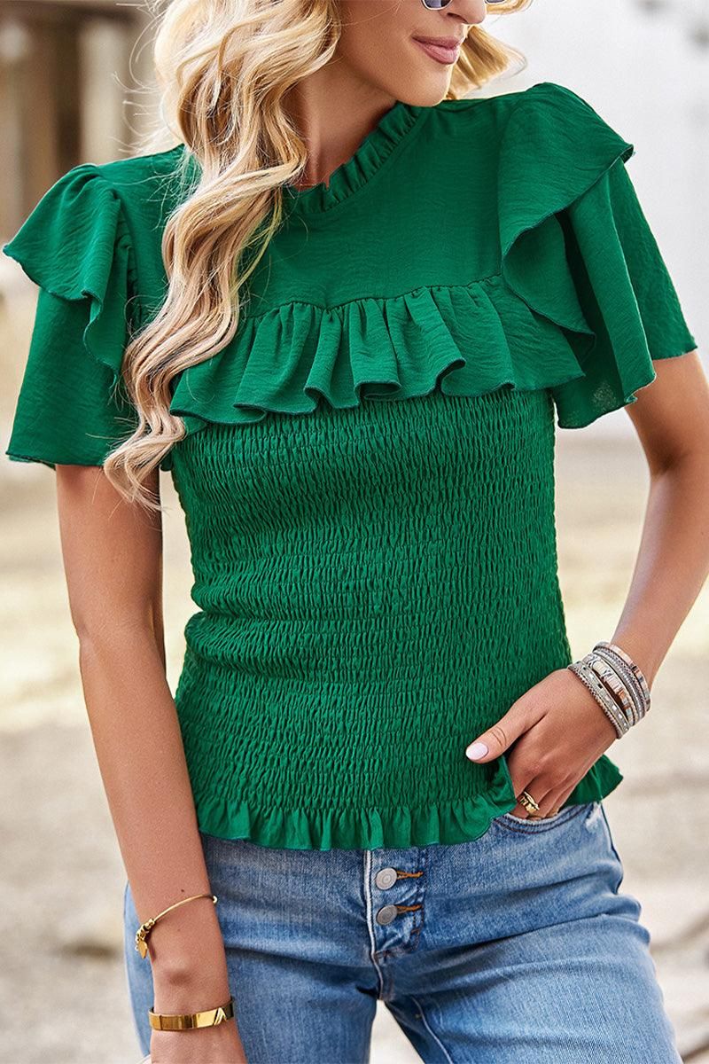 HIGH NECK PRINCESS SHOULDER SMOKED TOP - Doublju