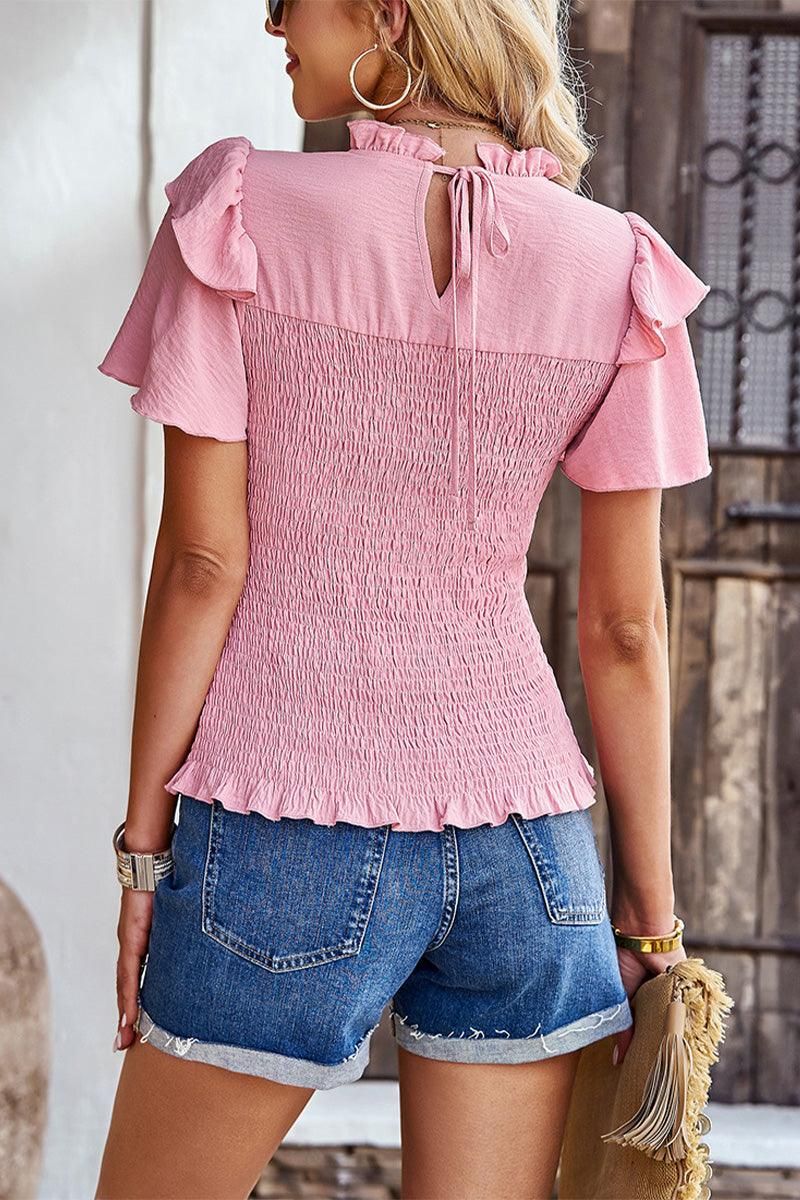 HIGH NECK PRINCESS SHOULDER SMOKED TOP - Doublju