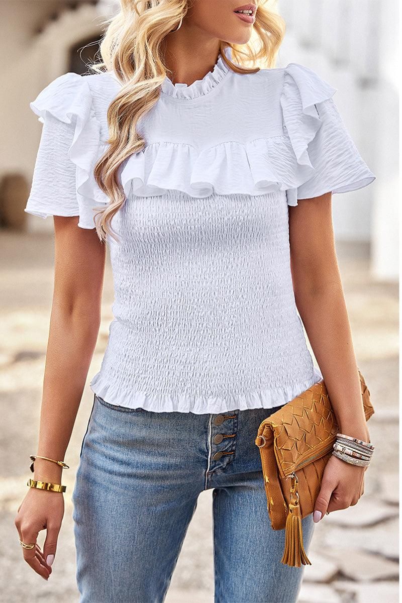 HIGH NECK PRINCESS SHOULDER SMOKED TOP - Doublju