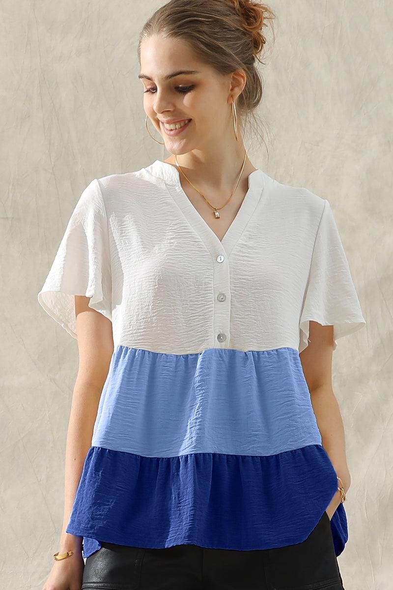 BUTTON UP COLOR BLOCK RUFFLED TUNIC TOP - Doublju