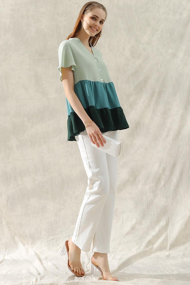 BUTTON UP COLOR BLOCK RUFFLED TUNIC TOP - Doublju