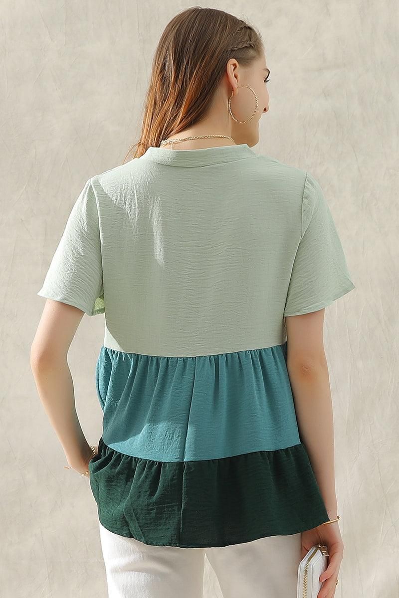 BUTTON UP COLOR BLOCK RUFFLED TUNIC TOP - Doublju