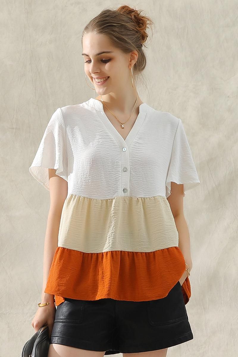 BUTTON UP COLOR BLOCK RUFFLED TUNIC TOP - Doublju