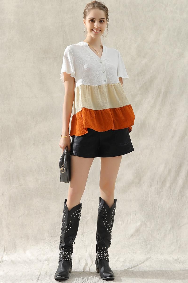 BUTTON UP COLOR BLOCK RUFFLED TUNIC TOP - Doublju