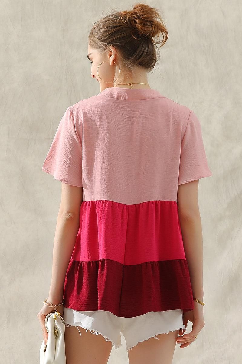 BUTTON UP COLOR BLOCK RUFFLED TUNIC TOP - Doublju