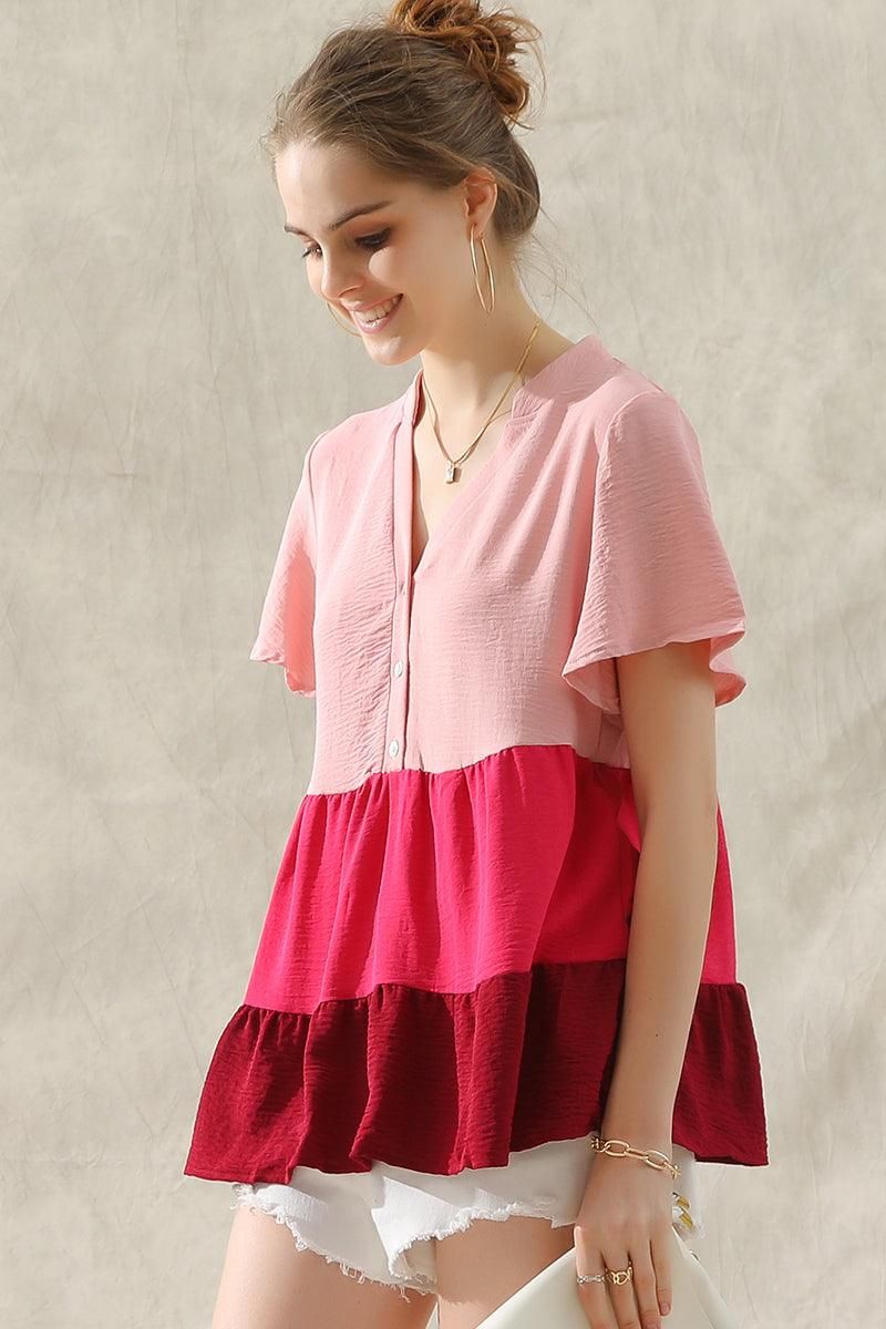 BUTTON UP COLOR BLOCK RUFFLED TUNIC TOP - Doublju
