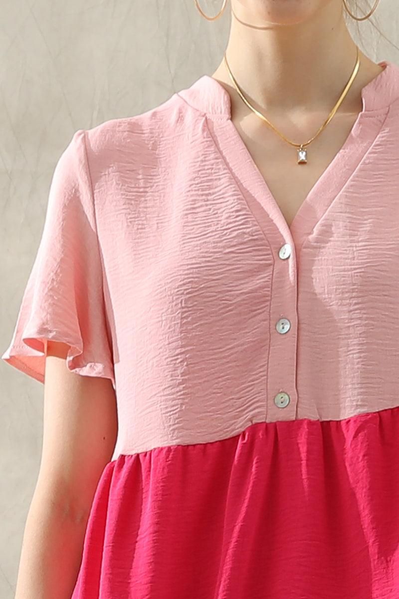 BUTTON UP COLOR BLOCK RUFFLED TUNIC TOP - Doublju