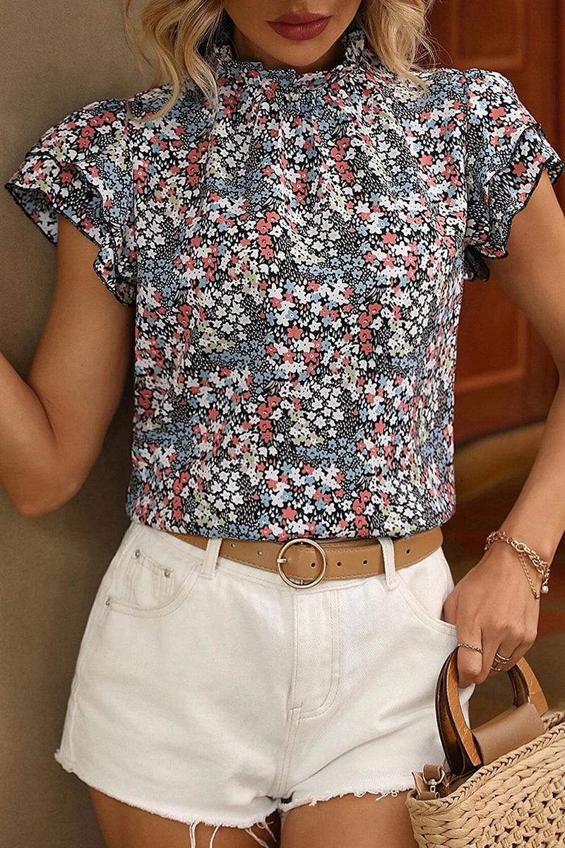PRINTED DOUBLE RUFFLED SLEEVE BLOUSE - Doublju