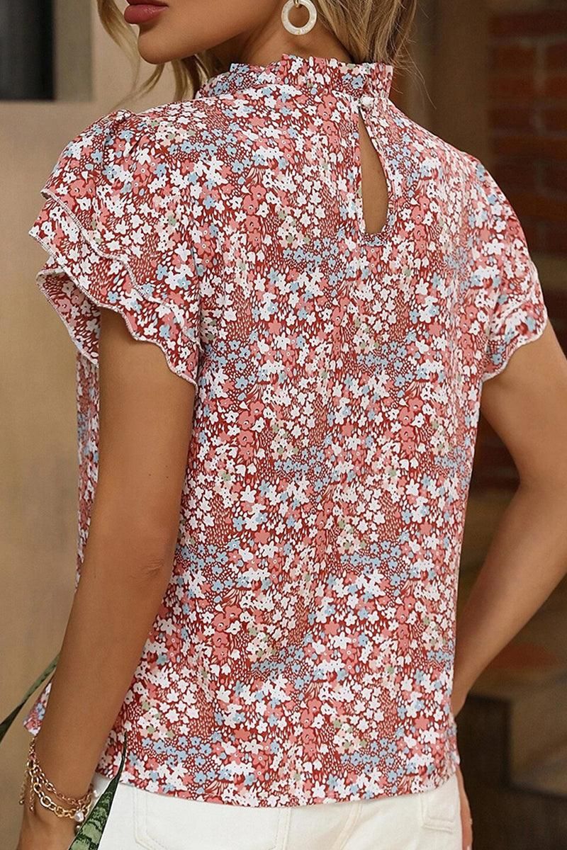 PRINTED DOUBLE RUFFLED SLEEVE BLOUSE - Doublju