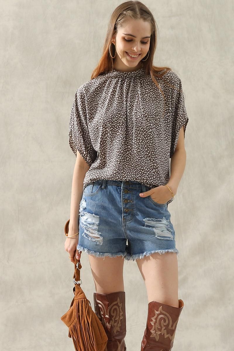 DOLMAN SLEEVE LACE-UP CHIFFON BLOUSE - Doublju