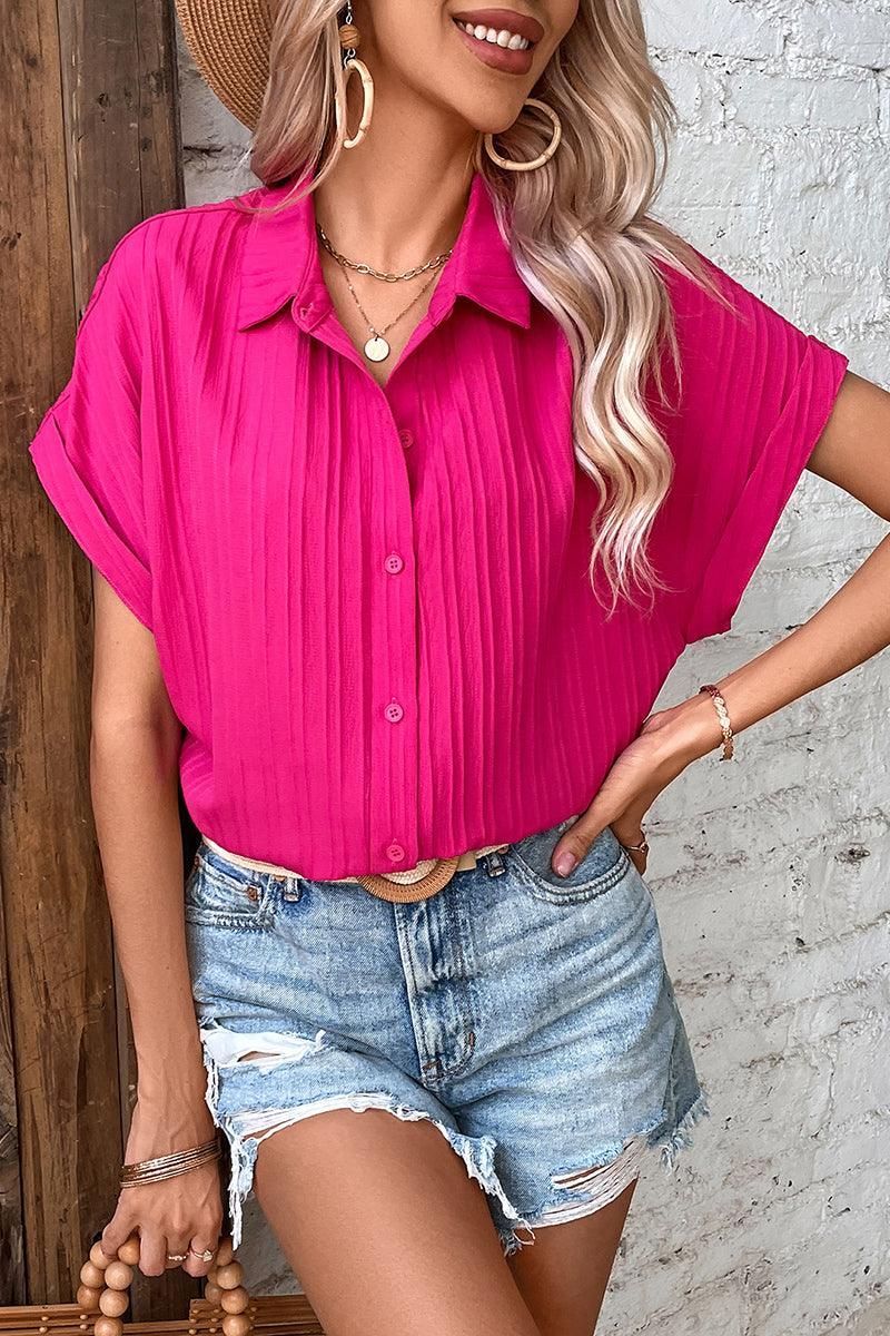 WRINKLED STRIPE ROLL UP BUTTON COLLAR SHIRTS - Doublju