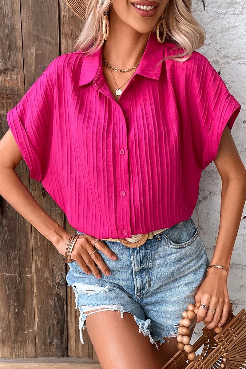 WRINKLED STRIPE ROLL UP BUTTON COLLAR SHIRTS - Doublju