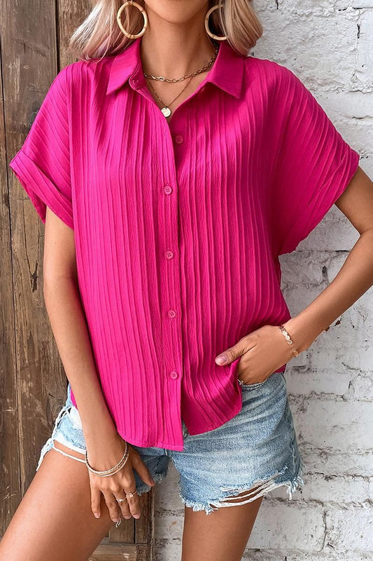 WRINKLED STRIPE ROLL UP BUTTON COLLAR SHIRTS - Doublju