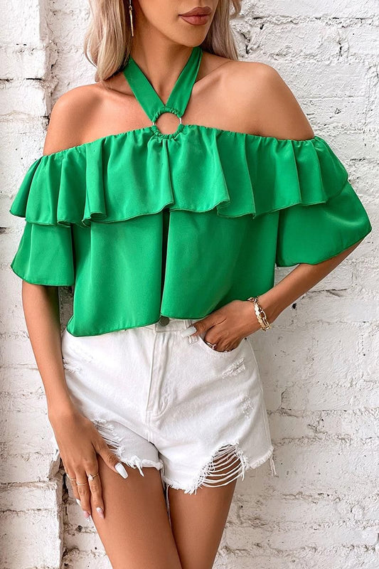 RING HALTER FRILL OFF SHOULDER RUFFLED BLOUSE - Doublju