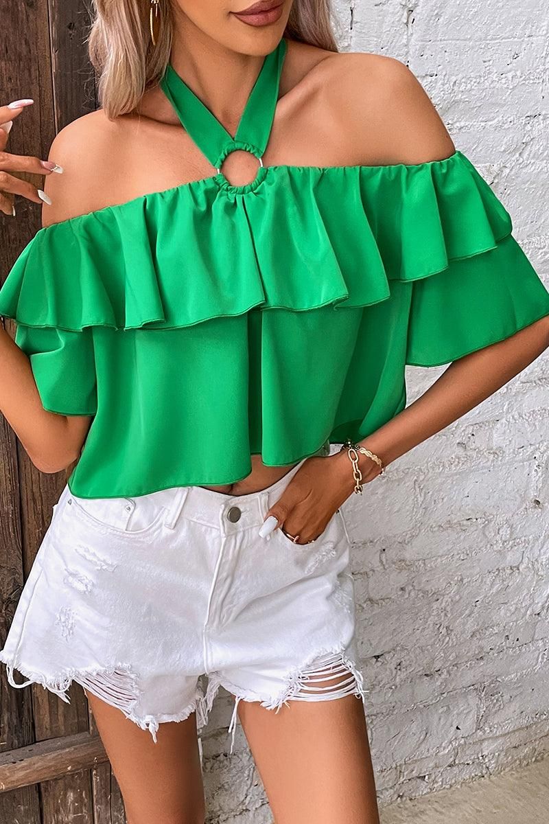 RING HALTER FRILL OFF SHOULDER RUFFLED BLOUSE - Doublju