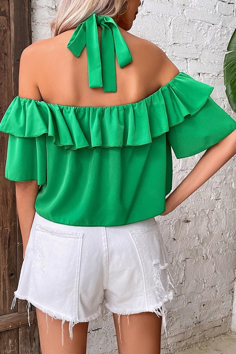 RING HALTER FRILL OFF SHOULDER RUFFLED BLOUSE - Doublju