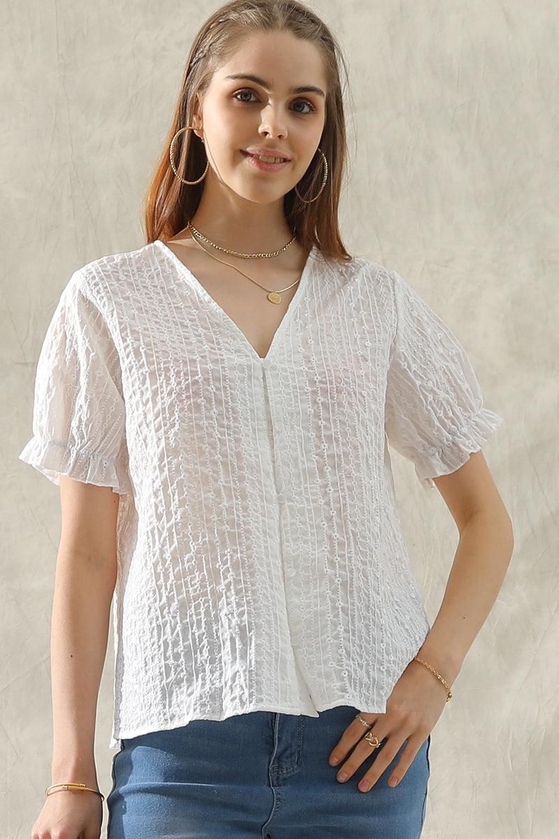 V NECK FLORAL RUFFLED PUFF BUTTON BLOUSE - Doublju