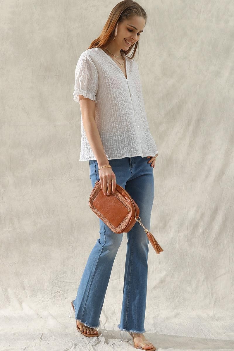 V NECK FLORAL RUFFLED PUFF BUTTON BLOUSE - Doublju