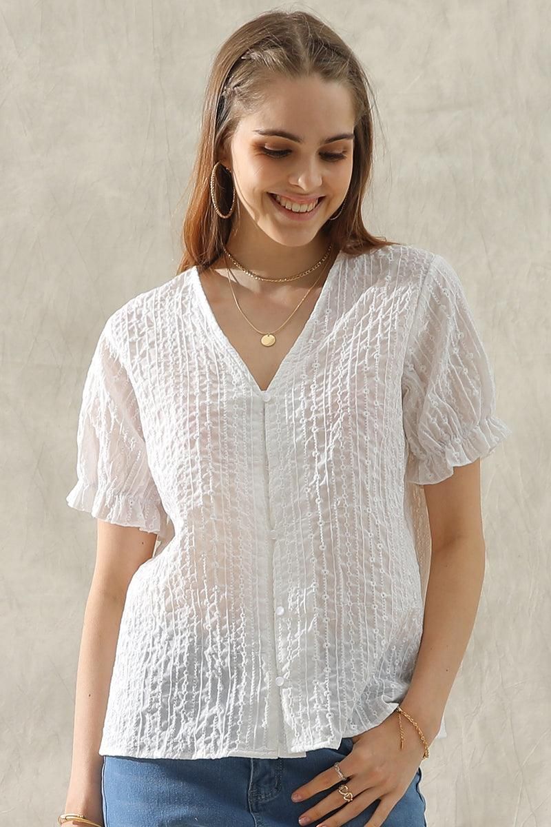 V NECK FLORAL RUFFLED PUFF BUTTON BLOUSE - Doublju