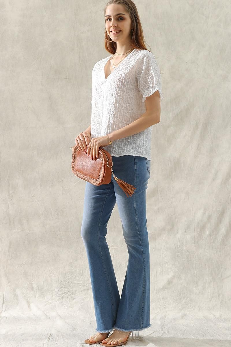 V NECK FLORAL RUFFLED PUFF BUTTON BLOUSE - Doublju