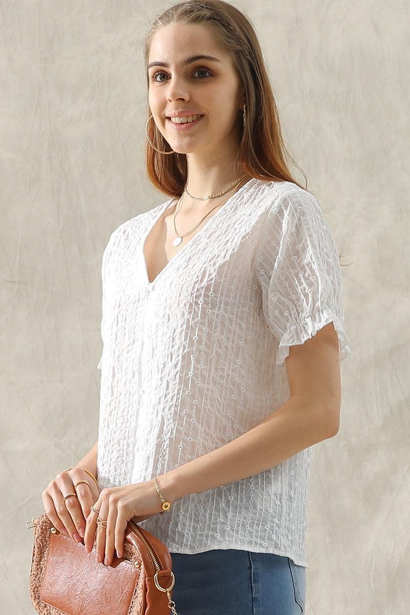 V NECK FLORAL RUFFLED PUFF BUTTON BLOUSE - Doublju