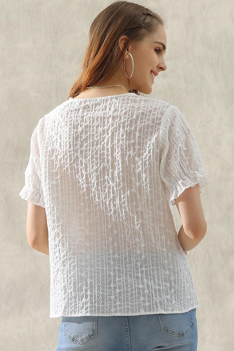 V NECK FLORAL RUFFLED PUFF BUTTON BLOUSE - Doublju