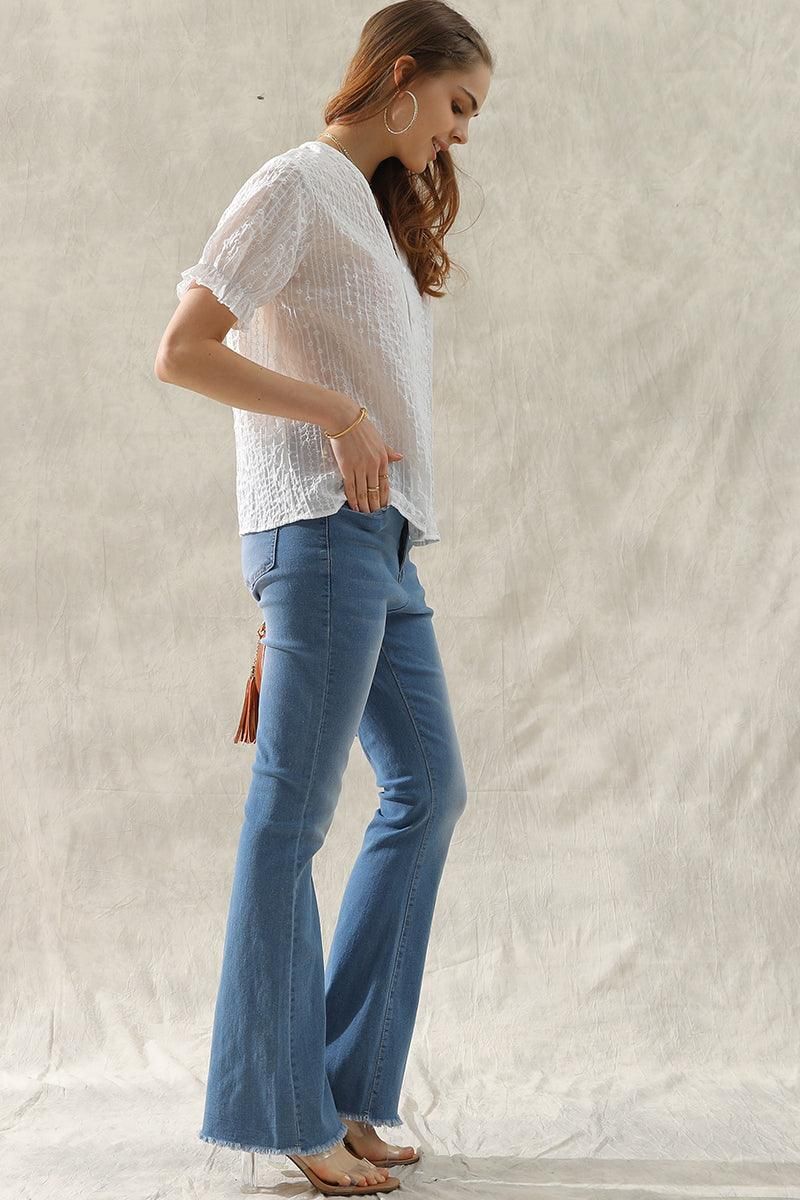 V NECK FLORAL RUFFLED PUFF BUTTON BLOUSE - Doublju