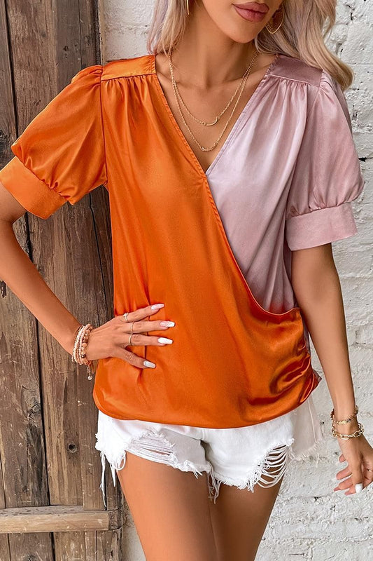 GLOSSY HALF COLOR PUFF SLEEVE WRAP BLOUSE - Doublju