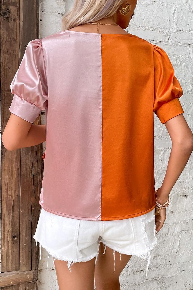 GLOSSY HALF COLOR PUFF SLEEVE WRAP BLOUSE - Doublju