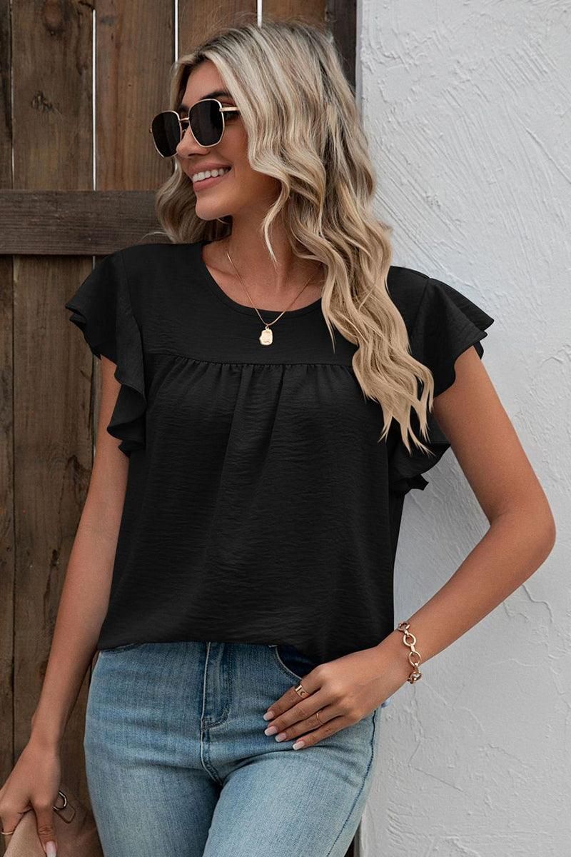 SHORT RUFFLE SLEEVE LOOSE CHIFFON TUNIC TOP - Doublju