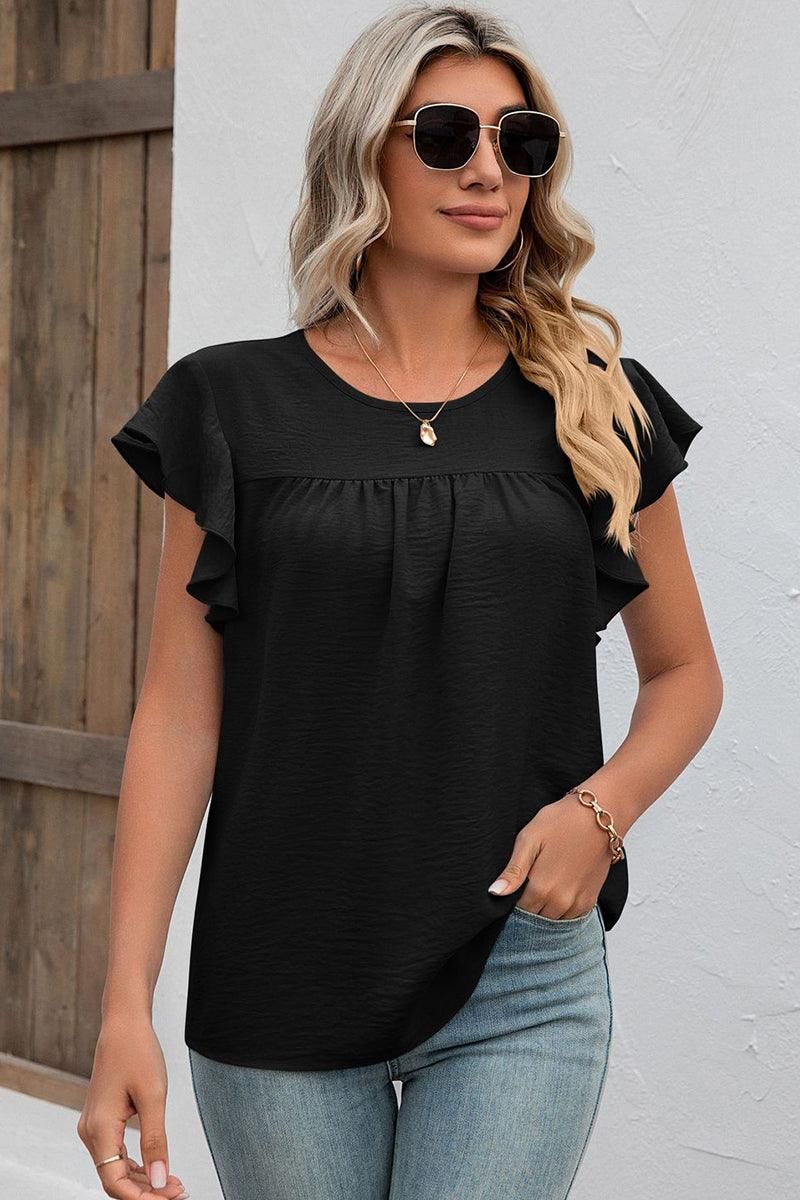 SHORT RUFFLE SLEEVE LOOSE CHIFFON TUNIC TOP - Doublju