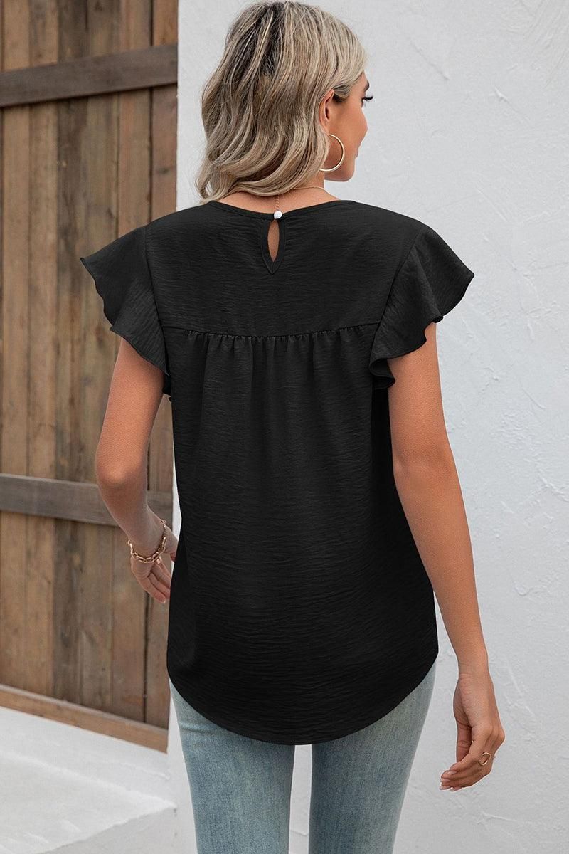 SHORT RUFFLE SLEEVE LOOSE CHIFFON TUNIC TOP - Doublju