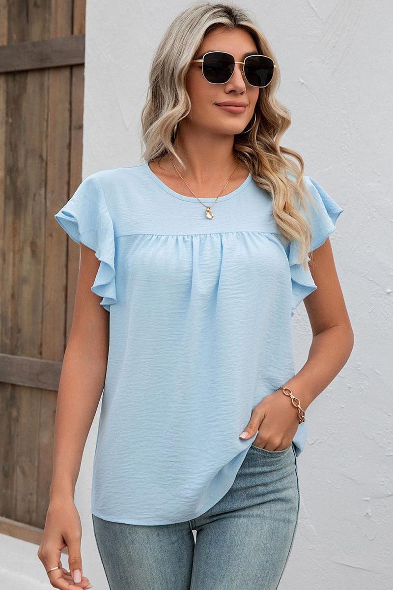 SHORT RUFFLE SLEEVE LOOSE CHIFFON TUNIC TOP - Doublju