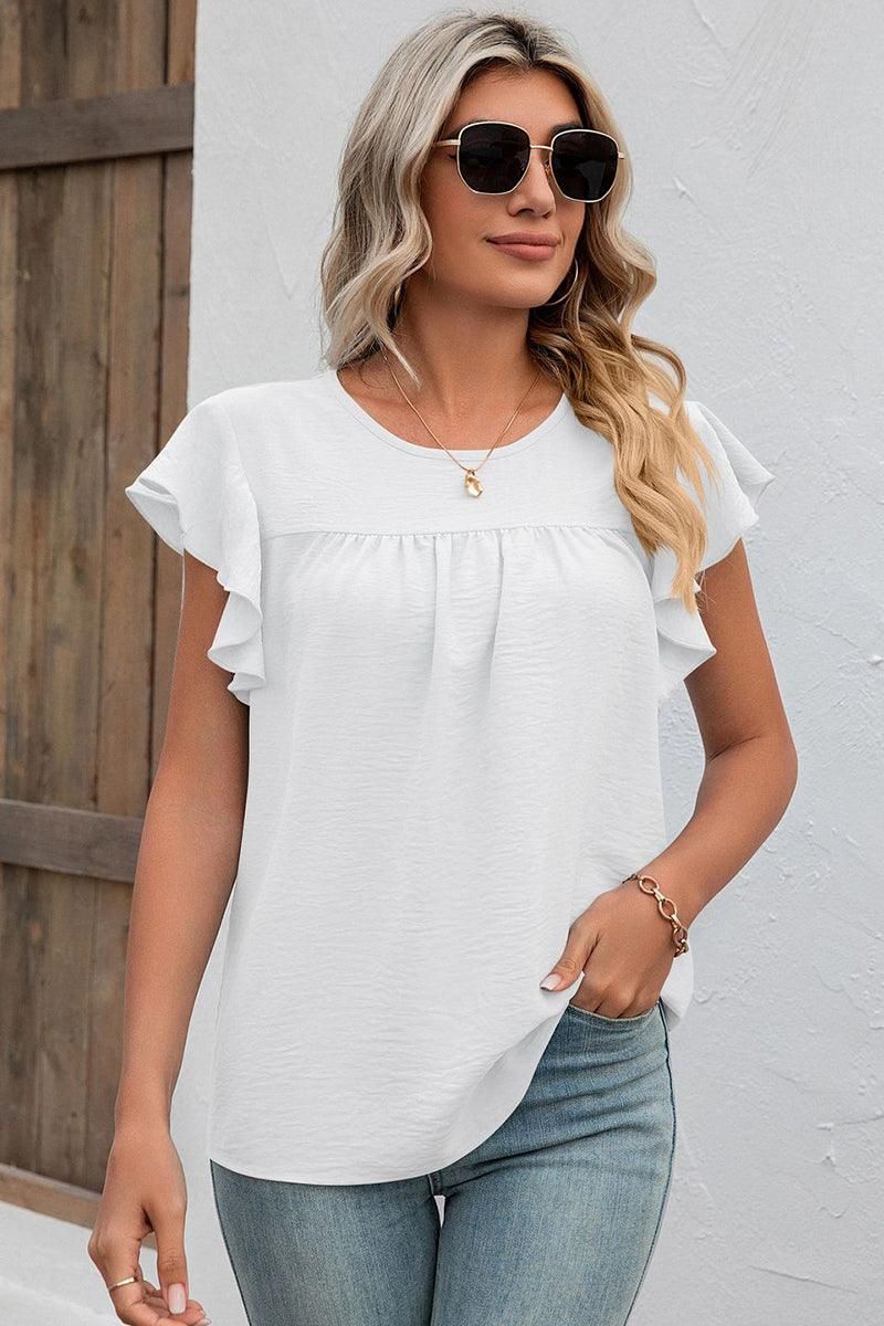 SHORT RUFFLE SLEEVE LOOSE CHIFFON TUNIC TOP - Doublju