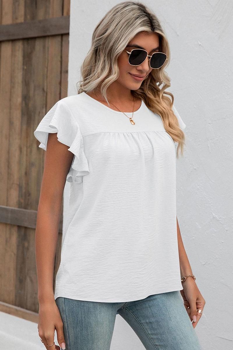 SHORT RUFFLE SLEEVE LOOSE CHIFFON TUNIC TOP - Doublju