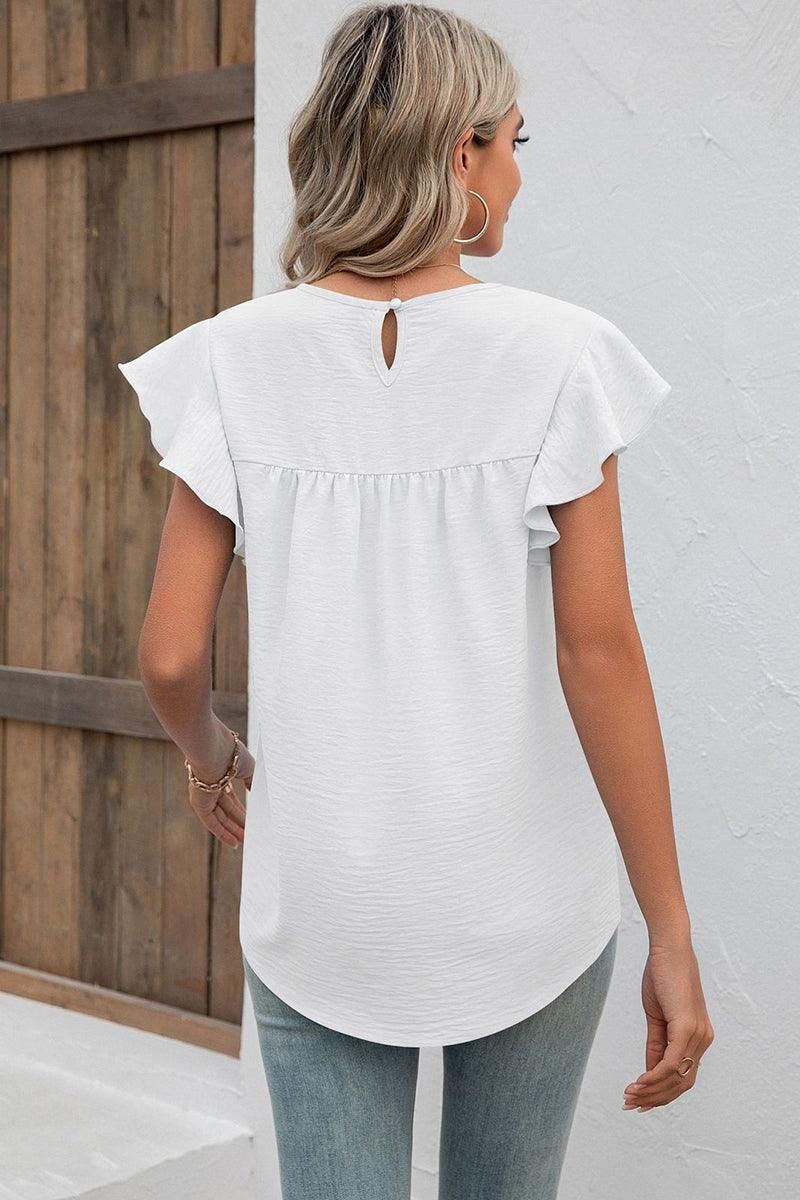 SHORT RUFFLE SLEEVE LOOSE CHIFFON TUNIC TOP - Doublju