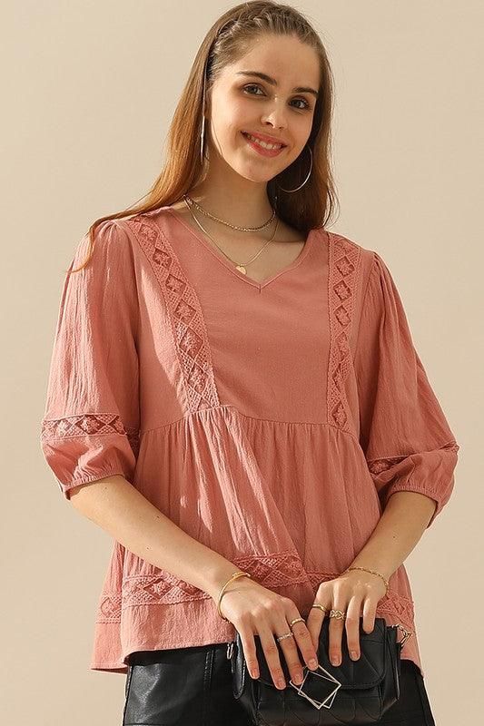 V NECK PUFF PUNCHING LACE POINT RUFFLE BLOUSE - Doublju