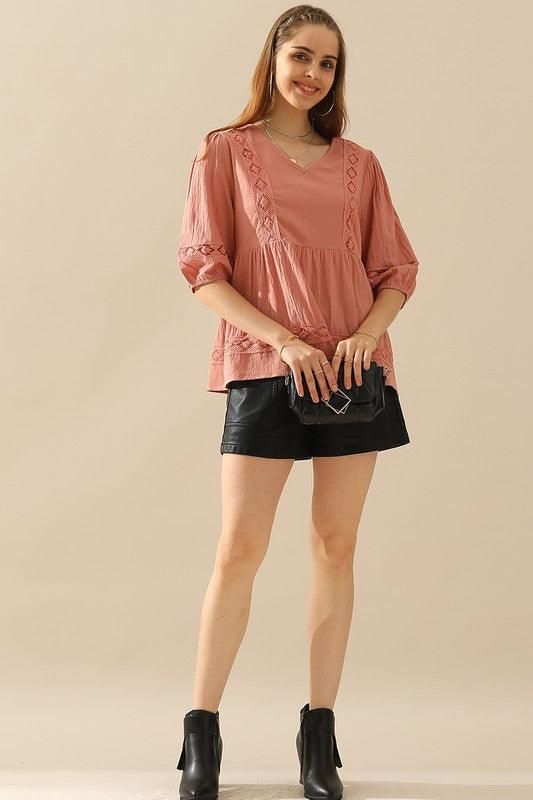 V NECK PUFF PUNCHING LACE POINT RUFFLE BLOUSE - Doublju