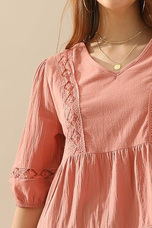 V NECK PUFF PUNCHING LACE POINT RUFFLE BLOUSE - Doublju