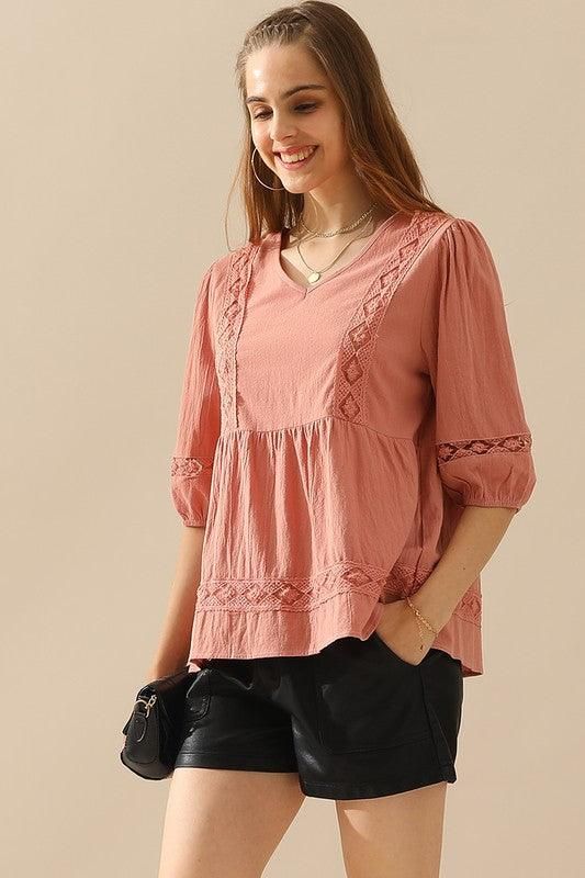 V NECK PUFF PUNCHING LACE POINT RUFFLE BLOUSE - Doublju