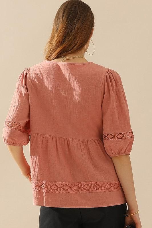 V NECK PUFF PUNCHING LACE POINT RUFFLE BLOUSE - Doublju