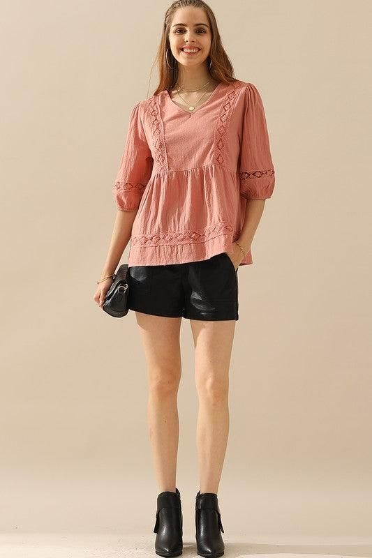 V NECK PUFF PUNCHING LACE POINT RUFFLE BLOUSE - Doublju
