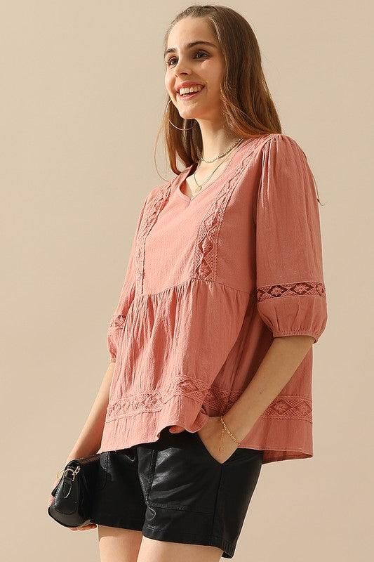 V NECK PUFF PUNCHING LACE POINT RUFFLE BLOUSE - Doublju