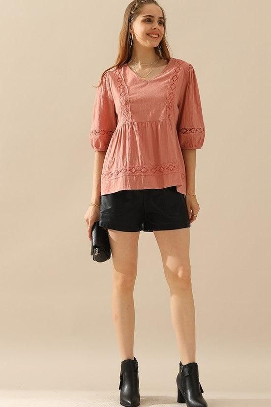 V NECK PUFF PUNCHING LACE POINT RUFFLE BLOUSE - Doublju