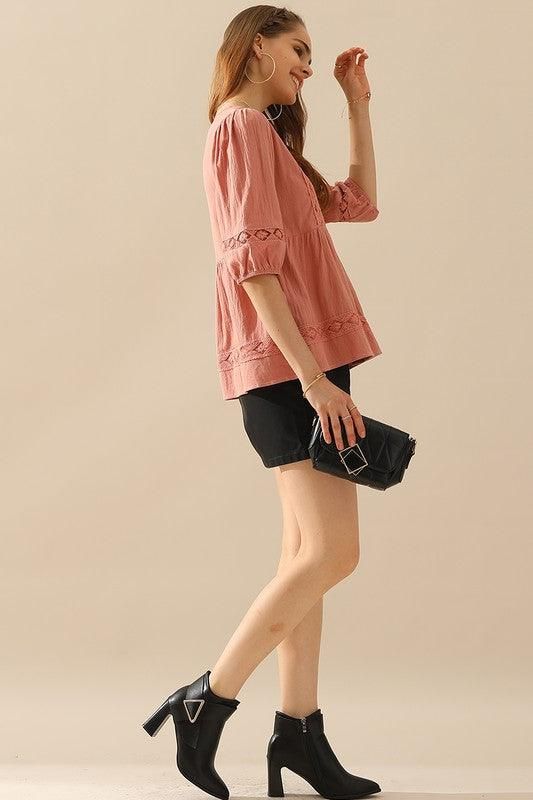 V NECK PUFF PUNCHING LACE POINT RUFFLE BLOUSE - Doublju