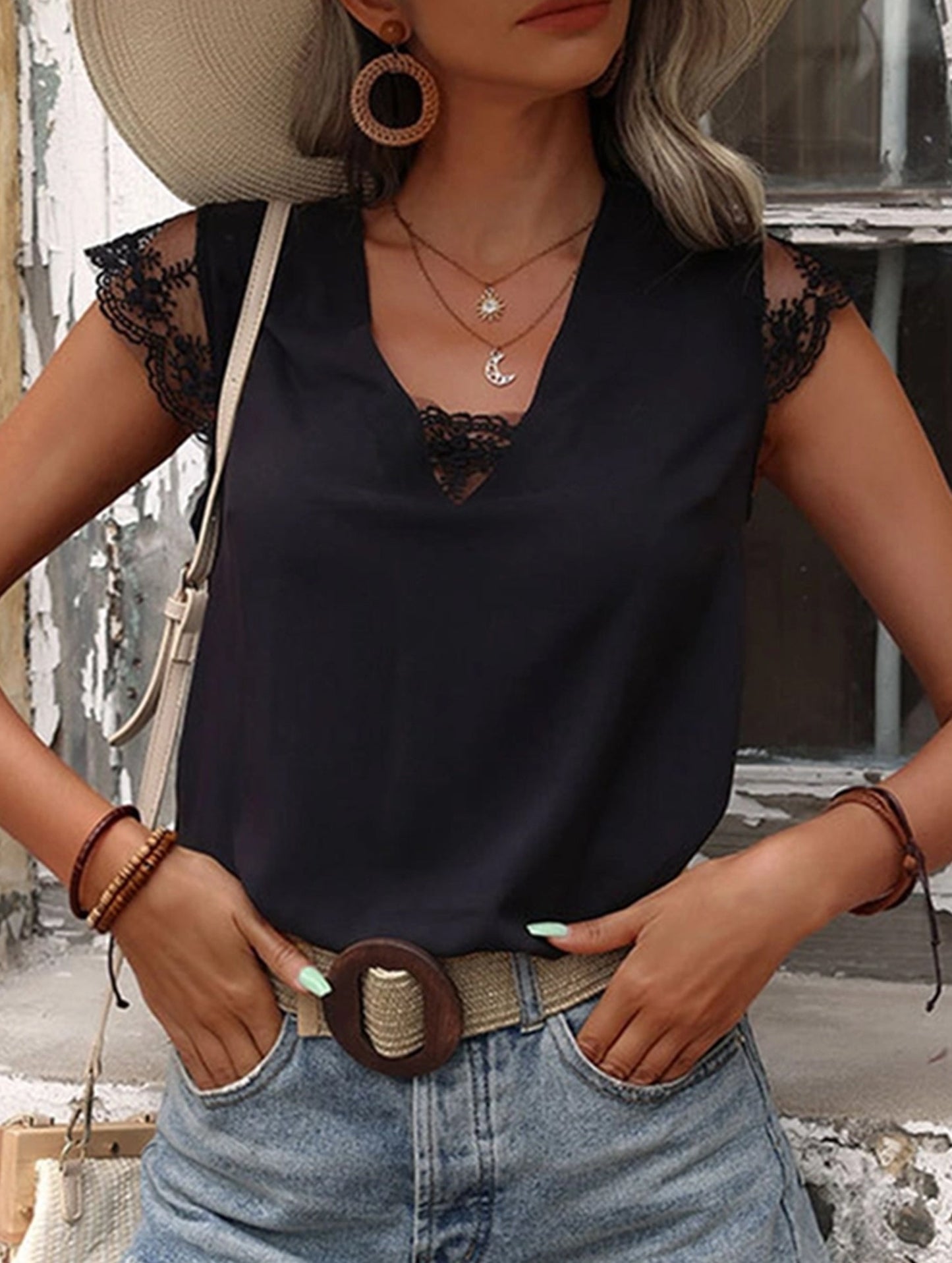 MESH LACE POINT CAP SLEEVE CHIFFON BLOUSE