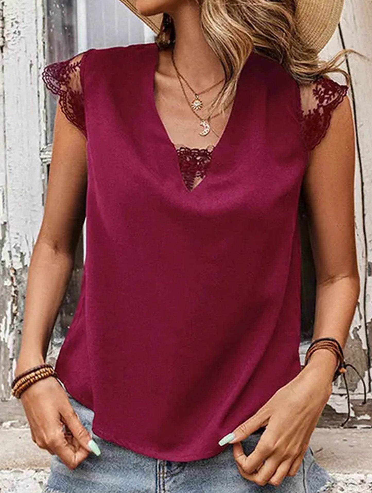 MESH LACE POINT CAP SLEEVE CHIFFON BLOUSE