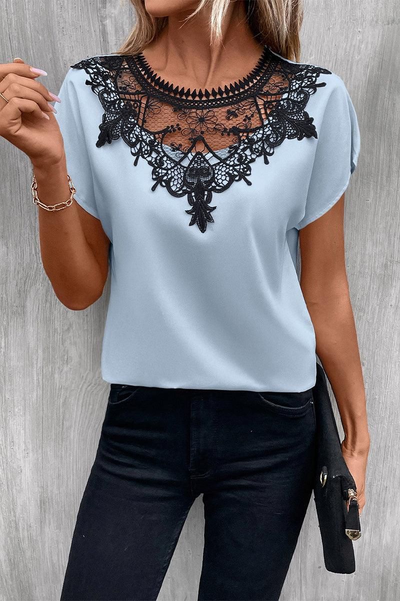 MESH LACE CHEST POINT GLOSSY SHORT BLOUSE - Doublju